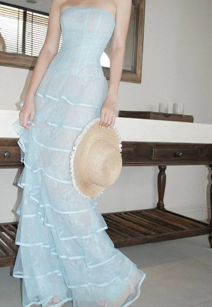 Fascinating Strapless Tiered Prom Dress Blue Lace A-Line Evening Dress C9444