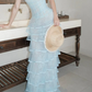 Fascinating Strapless Tiered Prom Dress Blue Lace A-Line Evening Dress C9444