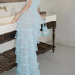 Fascinating Strapless Tiered Prom Dress Blue Lace A-Line Evening Dress C9444