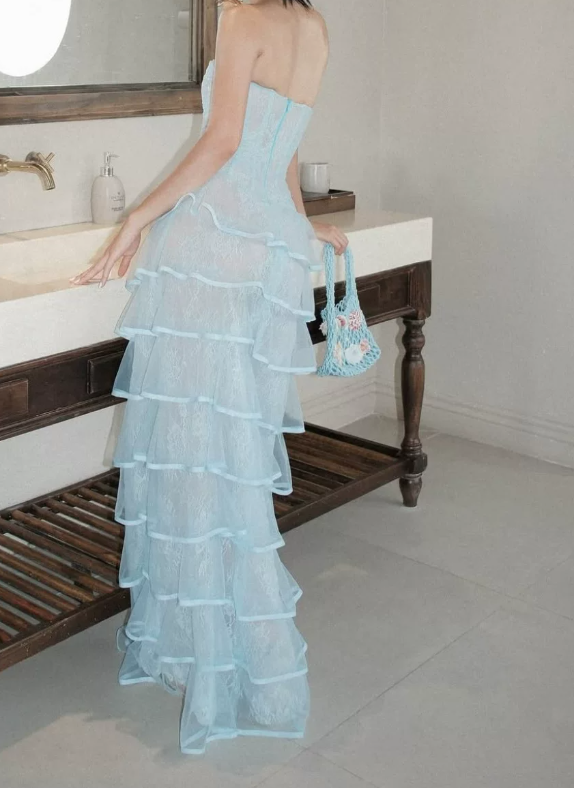 Fascinating Strapless Tiered Prom Dress Blue Lace A-Line Evening Dress C9444