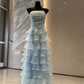 Fascinating Strapless Tiered Prom Dress Blue Lace A-Line Evening Dress C9444