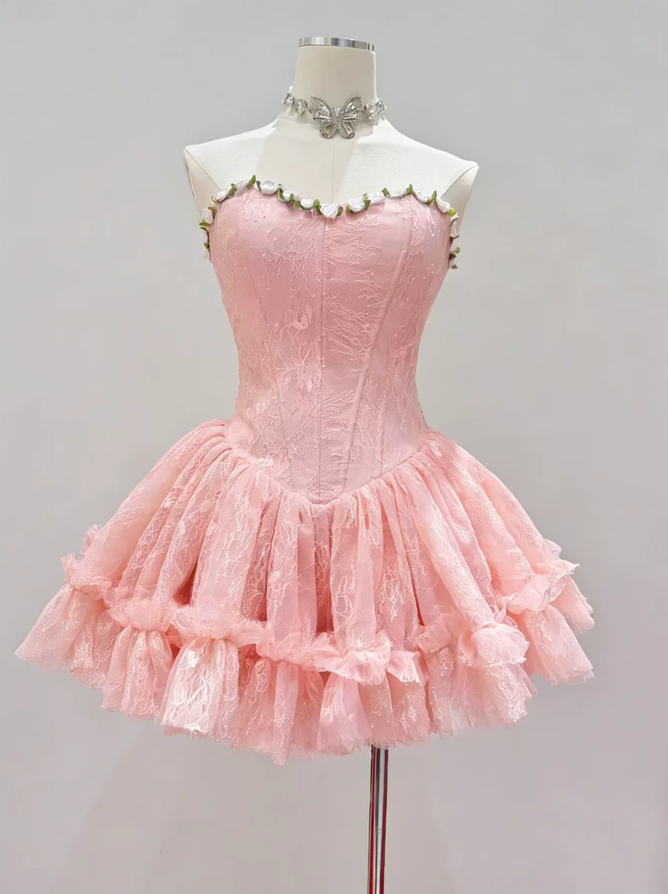 Classical Strapless Floral Homecoming Dress Lace Tulle A-Line Party Dress C9445