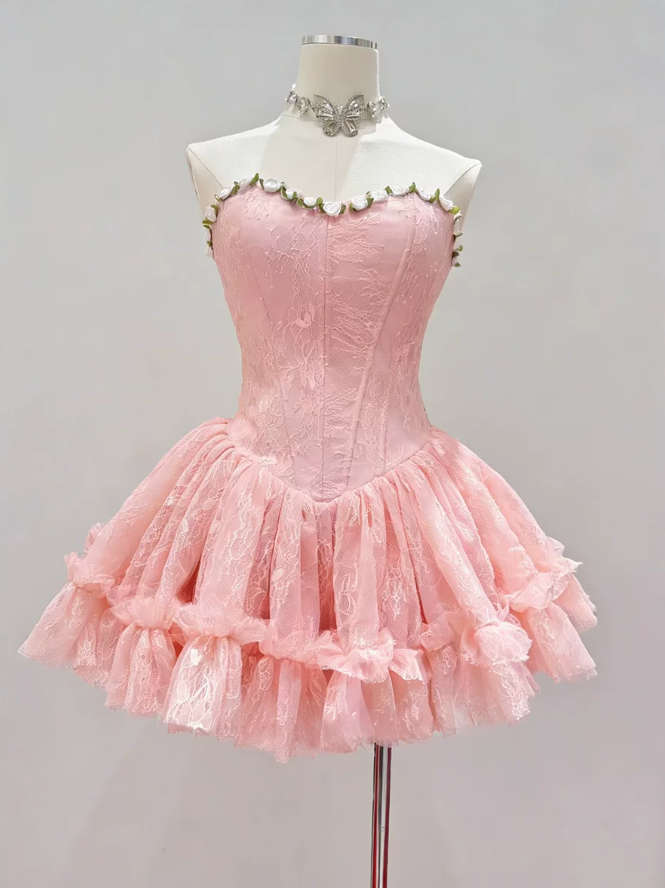 Classical Strapless Floral Homecoming Dress Lace Tulle A-Line Party Dress C9445