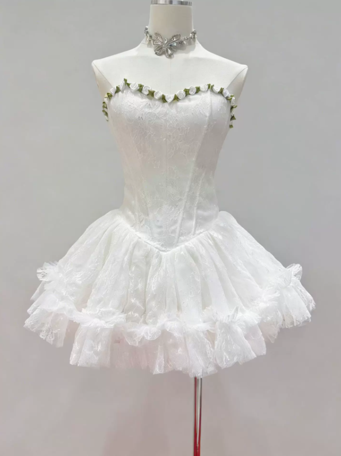 Classical Strapless Floral Homecoming Dress Lace Tulle A-Line Party Dress C9445