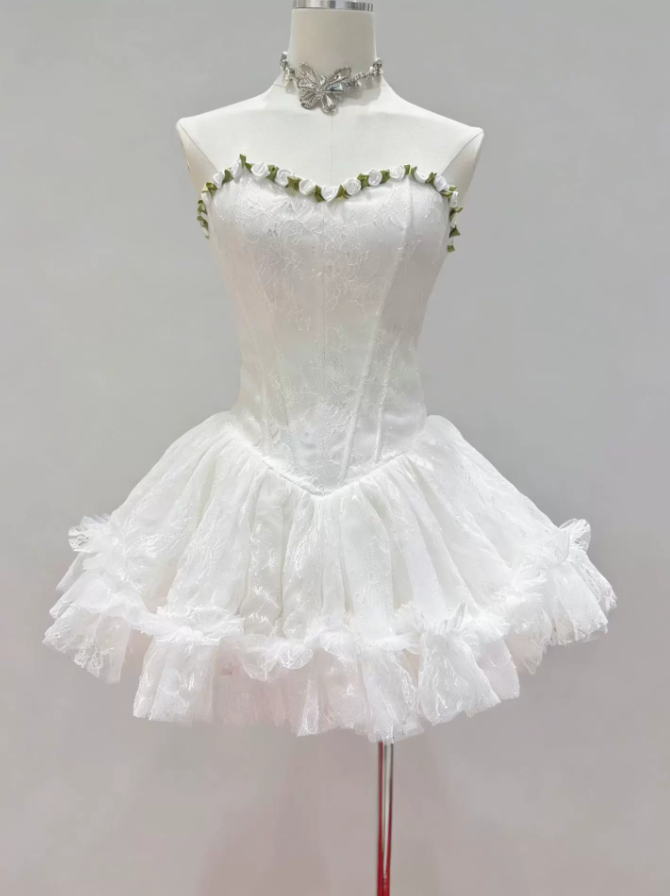 Classical Strapless Floral Homecoming Dress Lace Tulle A-Line Party Dress C9445