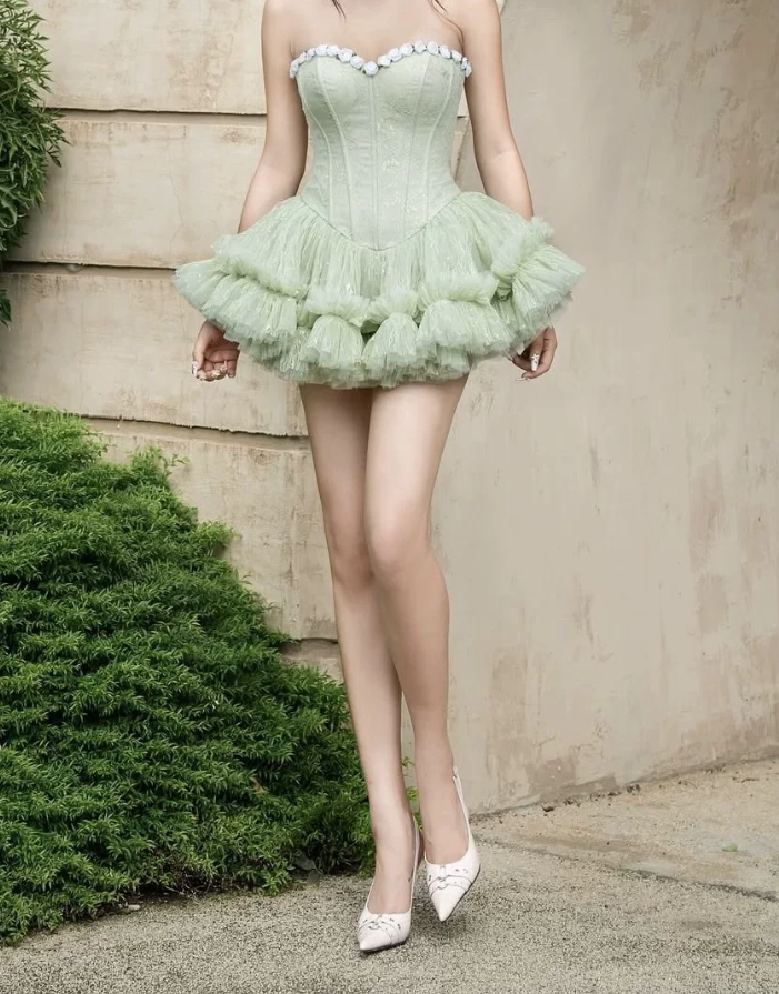 Classical Strapless Floral Homecoming Dress Lace Tulle A-Line Party Dress C9445