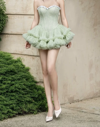 Classical Strapless Floral Homecoming Dress Lace Tulle A-Line Party Dress C9445