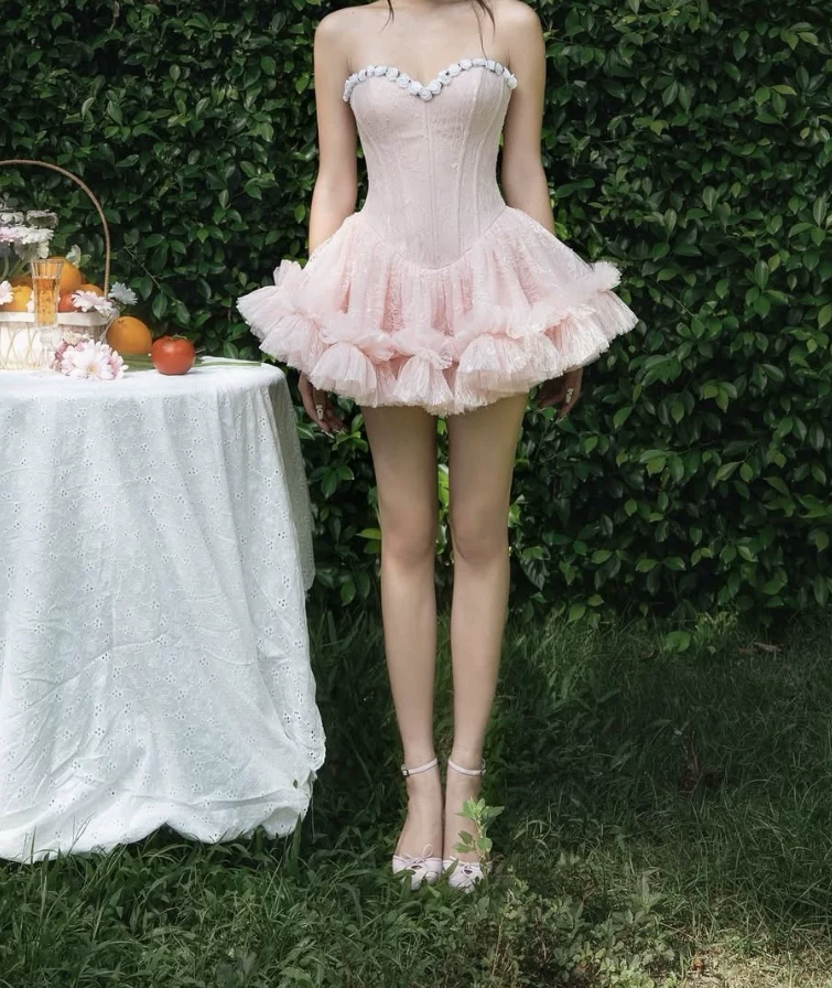 Classical Strapless Floral Homecoming Dress Lace Tulle A-Line Party Dress C9445