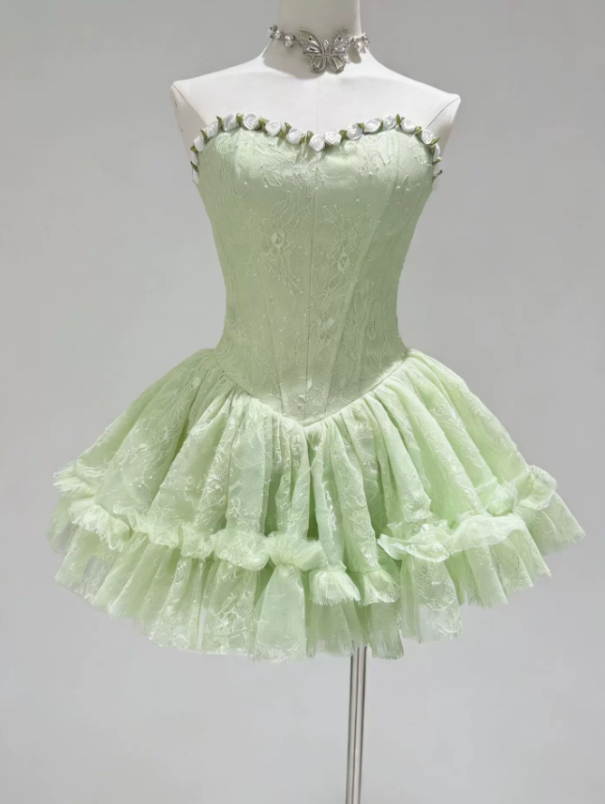 Classical Strapless Floral Homecoming Dress Lace Tulle A-Line Party Dress C9445
