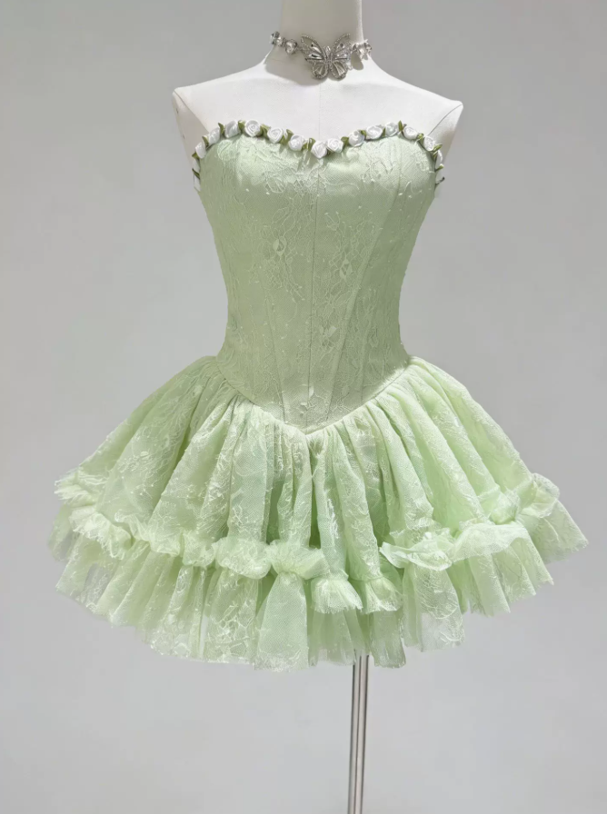 Classical Strapless Floral Homecoming Dress Lace Tulle A-Line Party Dress C9445