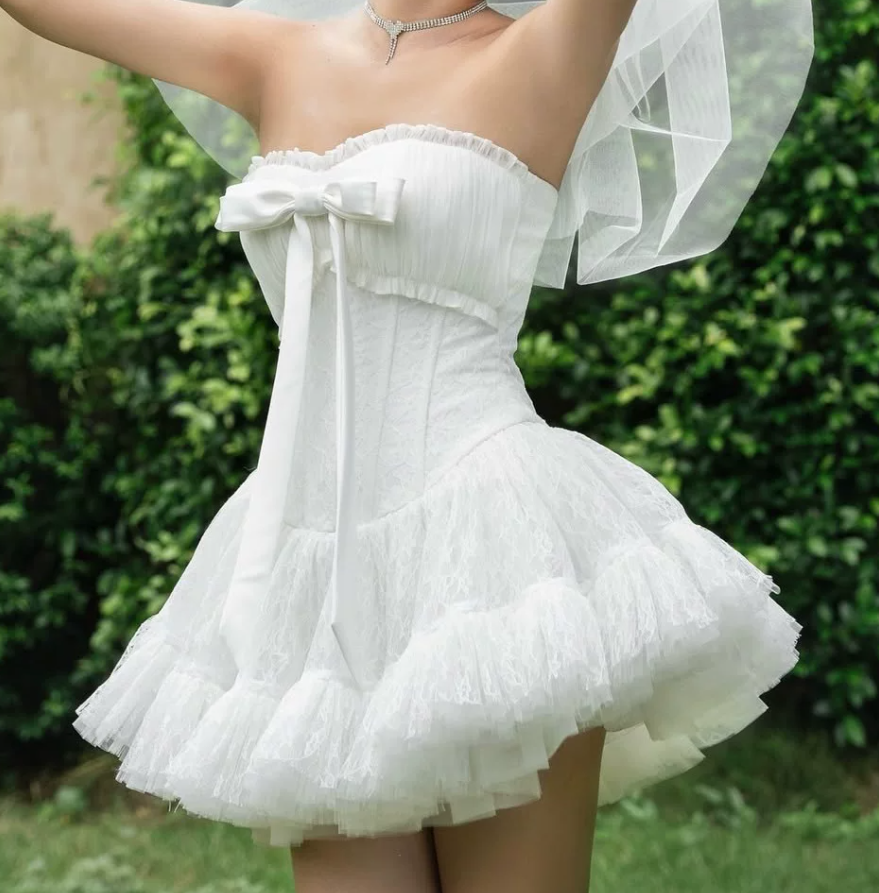 Trendy Strapless Bow Homecoming Dress Lace Tulle A-Line Party Dress C9446