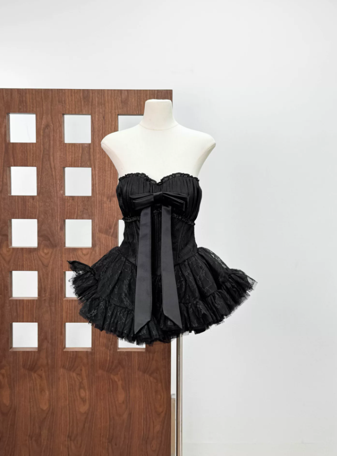 Trendy Strapless Bow Homecoming Dress Lace Tulle A-Line Party Dress C9446
