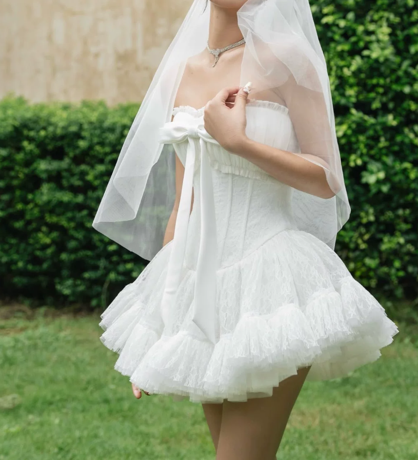 Trendy Strapless Bow Homecoming Dress Lace Tulle A-Line Party Dress C9446
