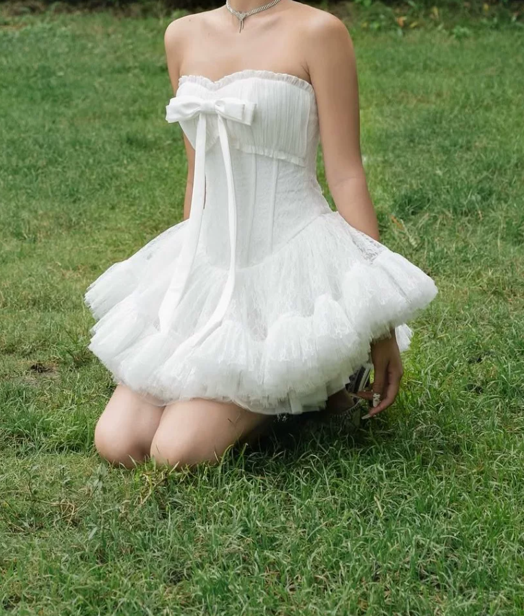 Trendy Strapless Bow Homecoming Dress Lace Tulle A-Line Party Dress C9446