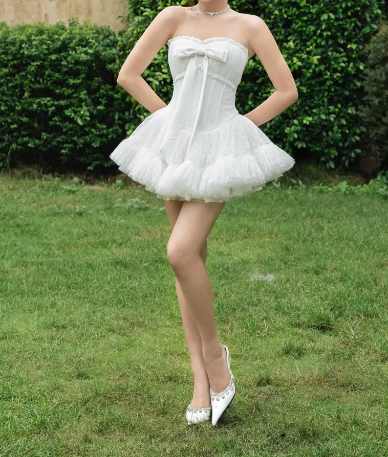 Trendy Strapless Bow Homecoming Dress Lace Tulle A-Line Party Dress C9446