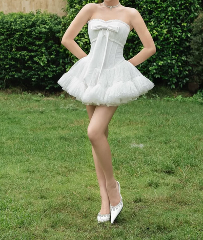 Trendy Strapless Bow Homecoming Dress Lace Tulle A-Line Party Dress C9446