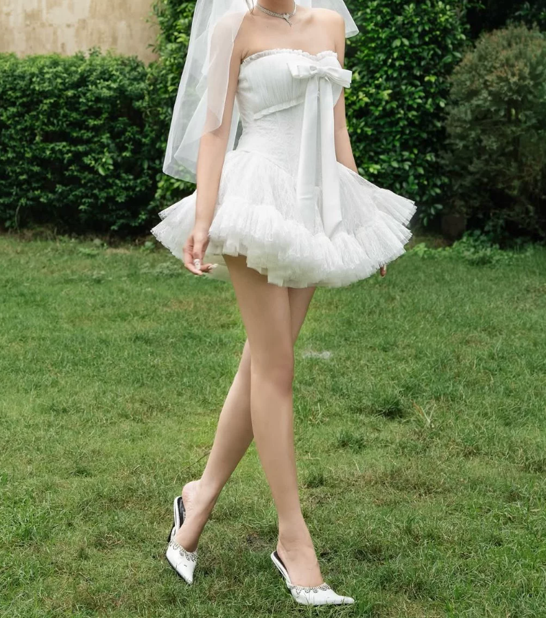 Trendy Strapless Bow Homecoming Dress Lace Tulle A-Line Party Dress C9446