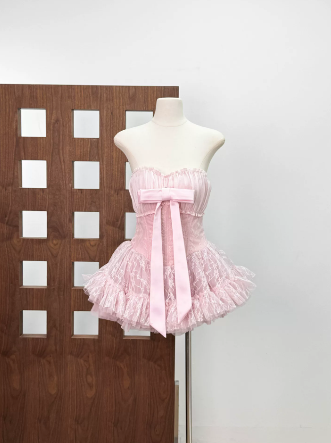 Trendy Strapless Bow Homecoming Dress Lace Tulle A-Line Party Dress C9446