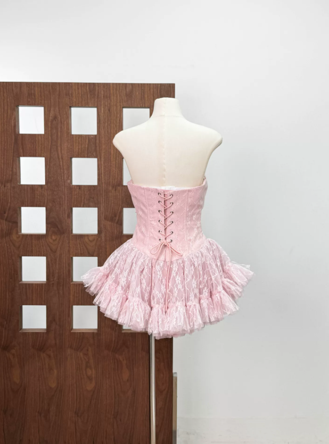Trendy Strapless Bow Homecoming Dress Lace Tulle A-Line Party Dress C9446