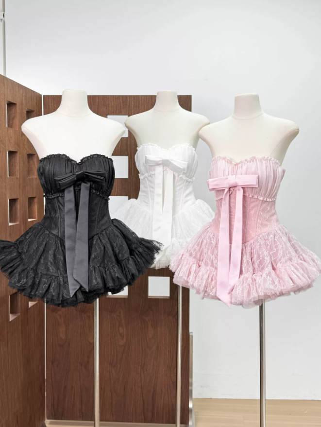 Trendy Strapless Bow Homecoming Dress Lace Tulle A-Line Party Dress C9446