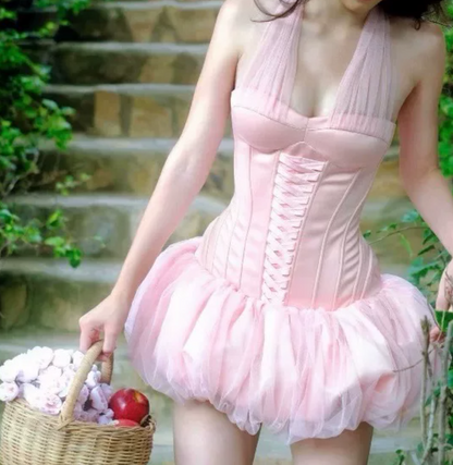 Romantic Halter Neck Lace-Up Homecoming Dress Tulle A-Line Party Dress C9447