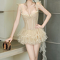 Unique Spaghetti Strap Beige Homecoming Dress Polka Dots Tiered A-Line Party Dress C9449