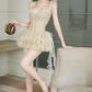 Unique Spaghetti Strap Beige Homecoming Dress Polka Dots Tiered A-Line Party Dress C9449