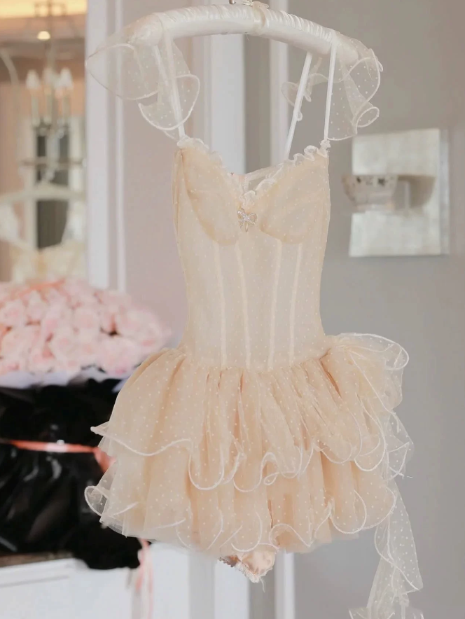 Unique Spaghetti Strap Beige Homecoming Dress Polka Dots Tiered A-Line Party Dress C9449