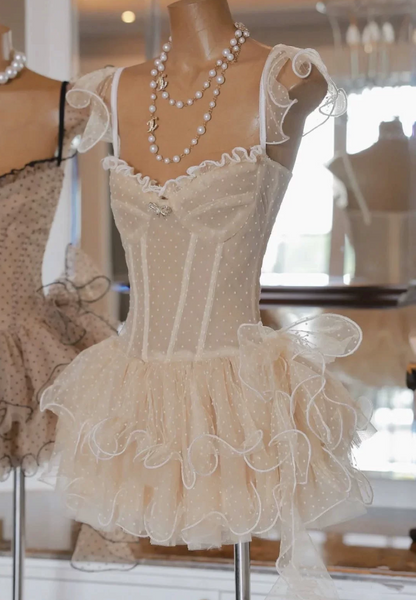 Unique Spaghetti Strap Beige Homecoming Dress Polka Dots Tiered A-Line Party Dress C9449