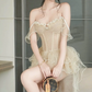 Unique Spaghetti Strap Beige Homecoming Dress Polka Dots Tiered A-Line Party Dress C9449