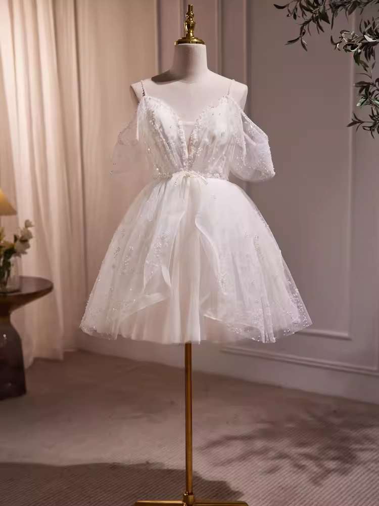 Robe de bal modeste, épaules dénudées, en Tulle blanc, tenues d'anniversaire, robe de soirée, C944