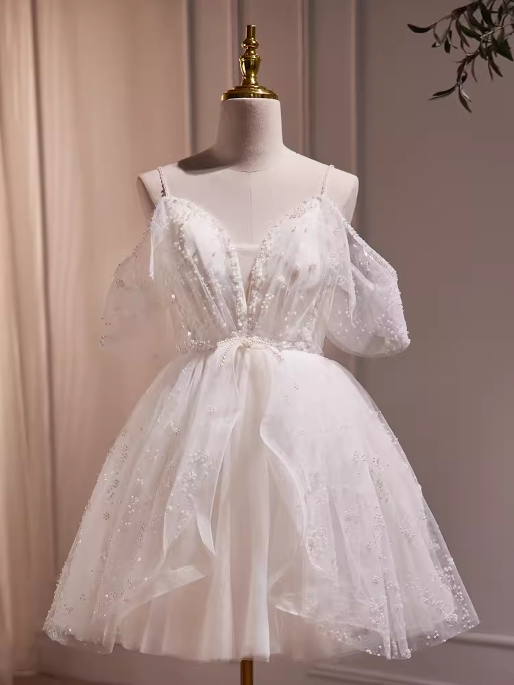 Robe de bal modeste, épaules dénudées, en Tulle blanc, tenues d'anniversaire, robe de soirée, C944