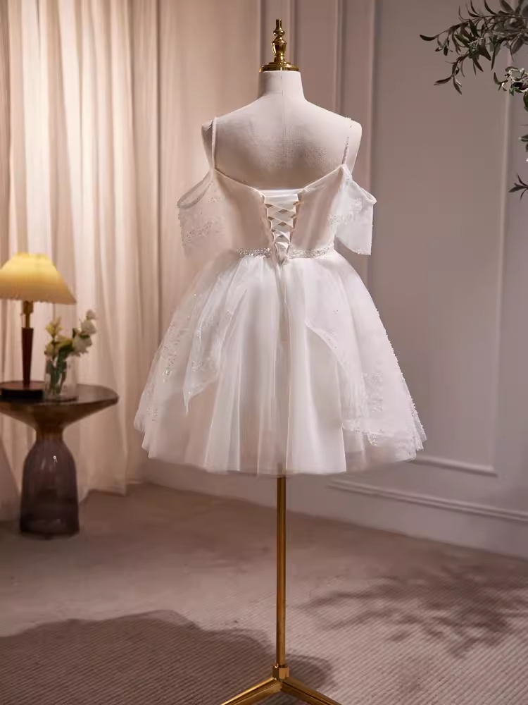 Robe de bal modeste, épaules dénudées, en Tulle blanc, tenues d'anniversaire, robe de soirée, C944