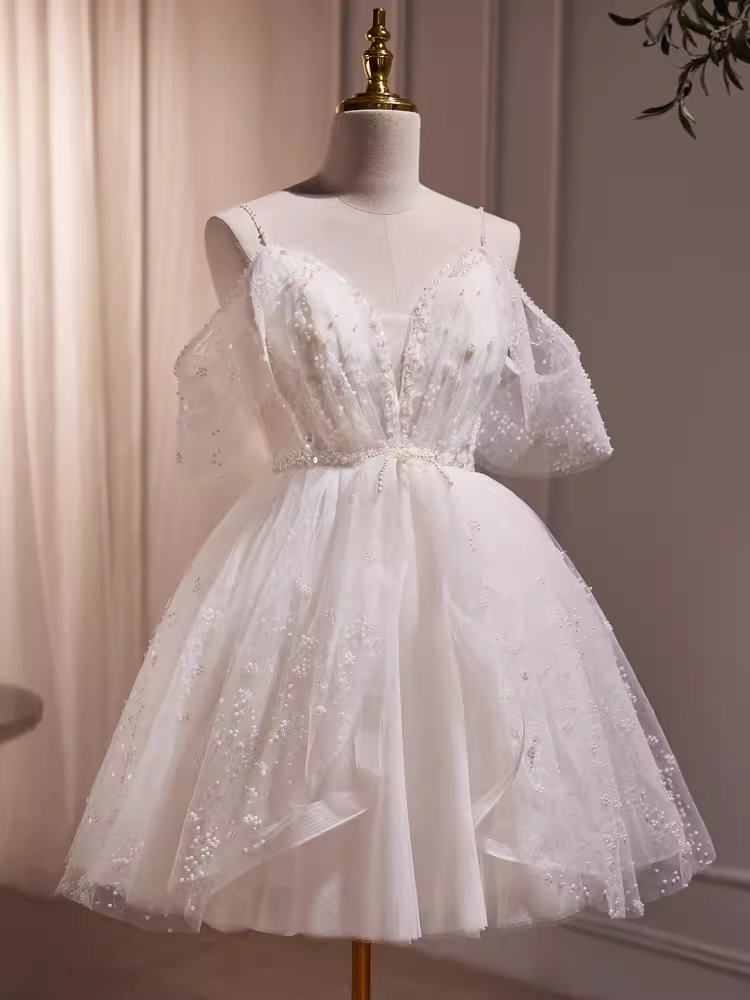 Robe de bal modeste, épaules dénudées, en Tulle blanc, tenues d'anniversaire, robe de soirée, C944