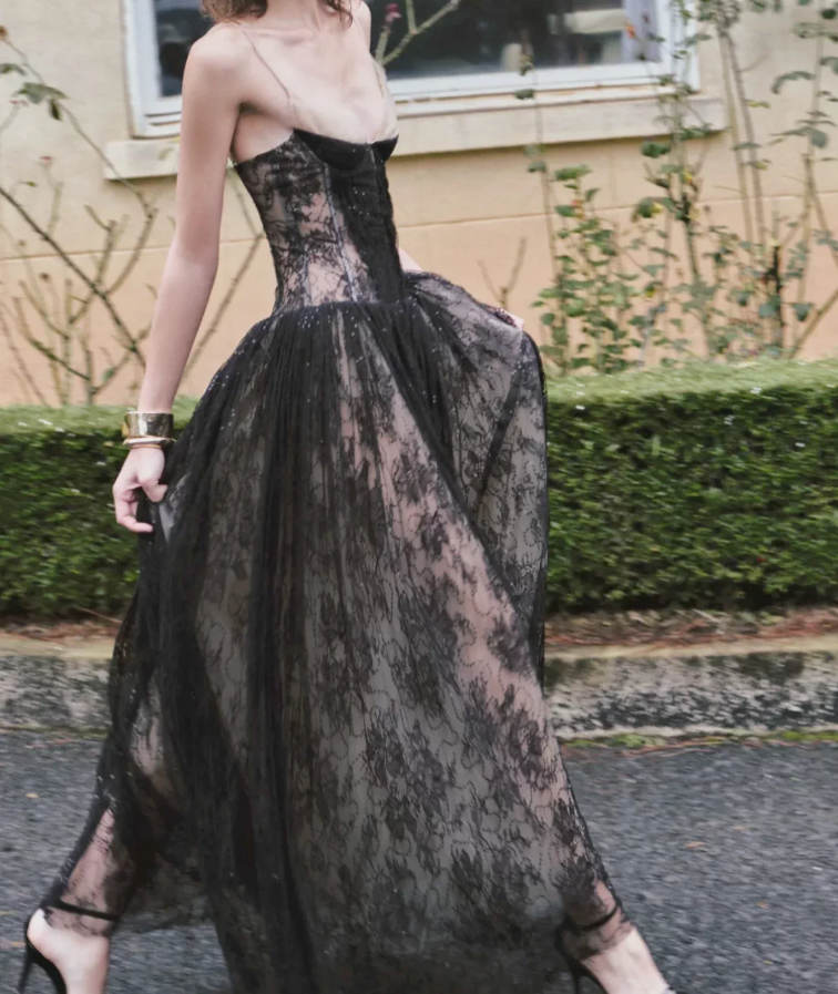 Chic Spaghetti Strap Black Prom Dress Lace Sequins A-Line Evening Dress C9450
