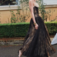 Chic Spaghetti Strap Black Prom Dress Lace Sequins A-Line Evening Dress C9450