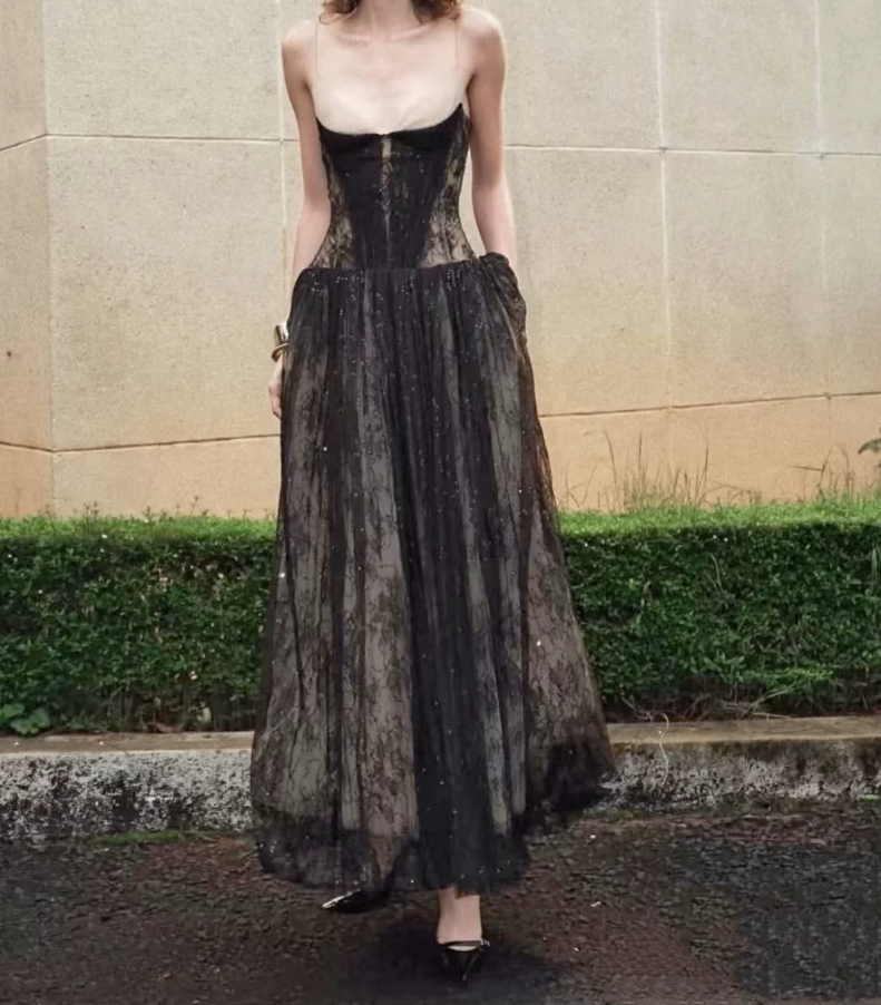 Chic Spaghetti Strap Black Prom Dress Lace Sequins A-Line Evening Dress C9450