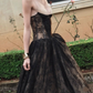 Chic Spaghetti Strap Black Prom Dress Lace Sequins A-Line Evening Dress C9450
