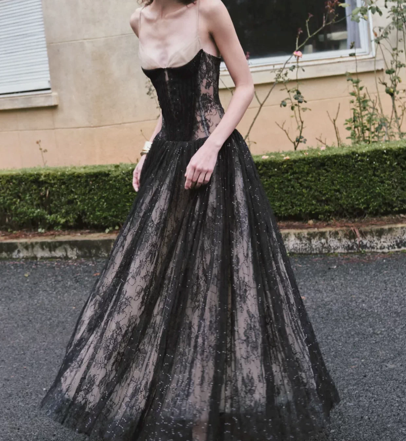Chic Spaghetti Strap Black Prom Dress Lace Sequins A-Line Evening Dress C9450
