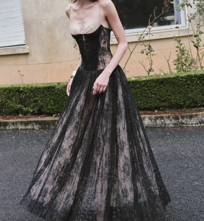 Chic Spaghetti Strap Black Prom Dress Lace Sequins A-Line Evening Dress C9450
