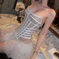 Enchanting Strapless Beige Homecoming Dress Lace A-Line Party Dress C9451