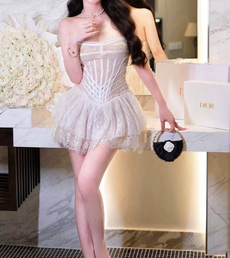 Enchanting Strapless Beige Homecoming Dress Lace A-Line Party Dress C9451