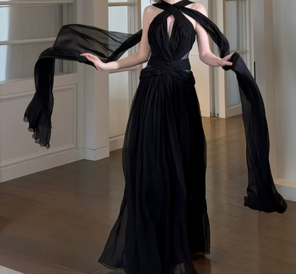 Flowy Halter Neck Prom Dress Black A-Line Evening Dress C9452