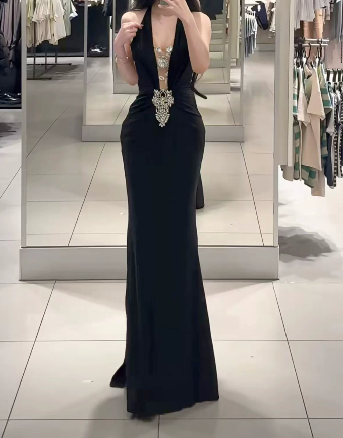 Glam Halter Neck Black Prom Dress Beading Mermaid Evening Dress C9453