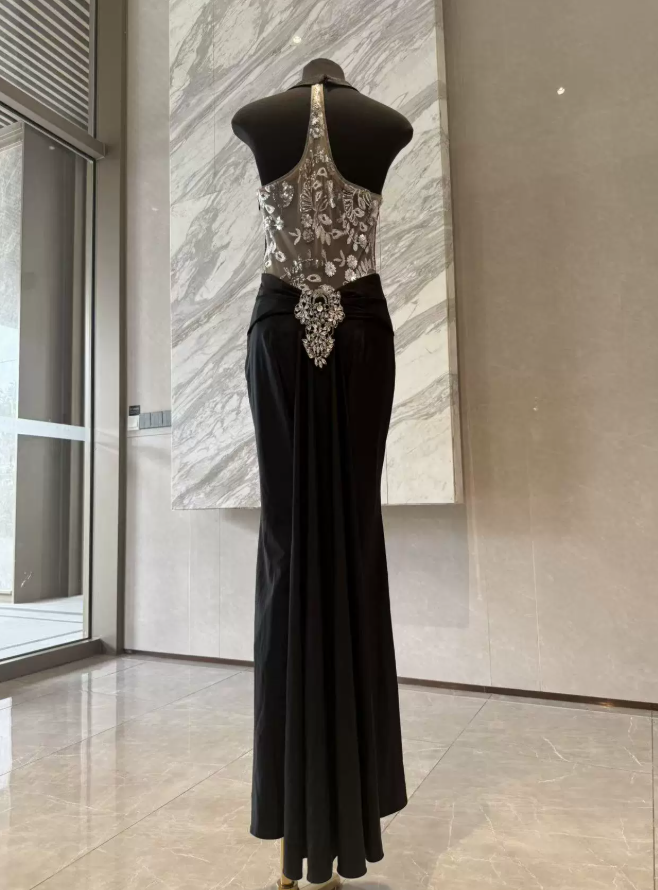 Glam Halter Neck Black Prom Dress Beading Mermaid Evening Dress C9453