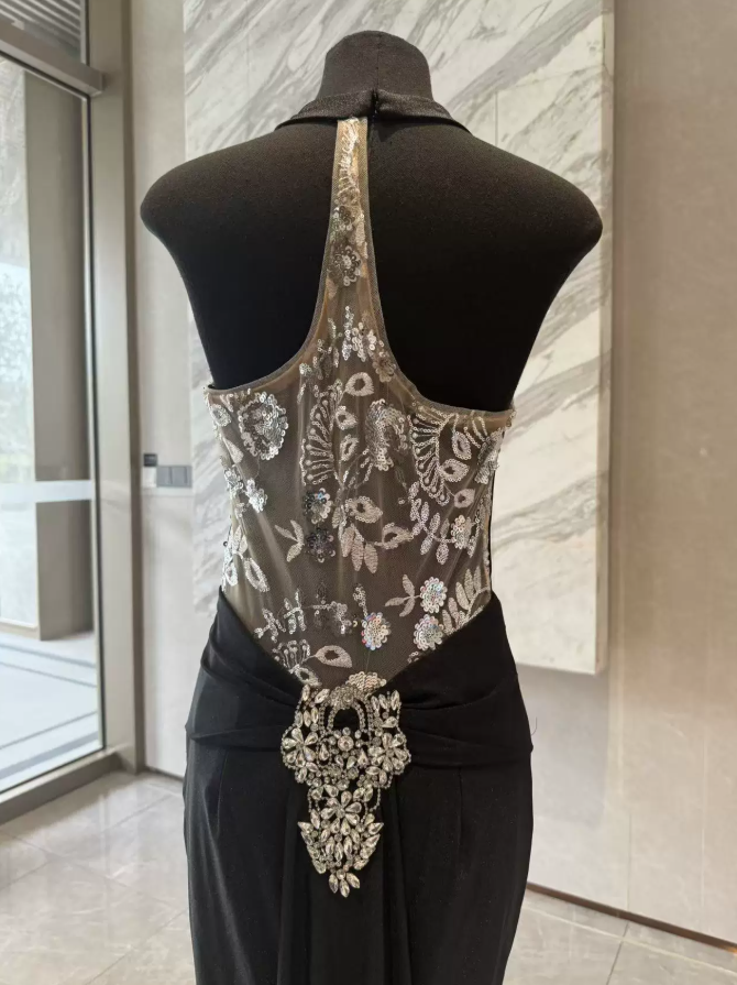 Glam Halter Neck Black Prom Dress Beading Mermaid Evening Dress C9453