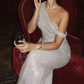 Shiny Off-Shoulder Silver Prom Dress Cutout Sequins Sheath Evening Dress C9454