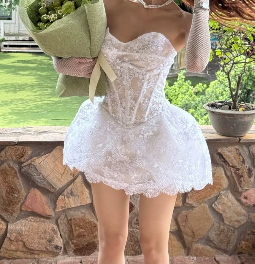 Sleek Strapless White Homecoming Dress Lace A-Line Party Dress C9455