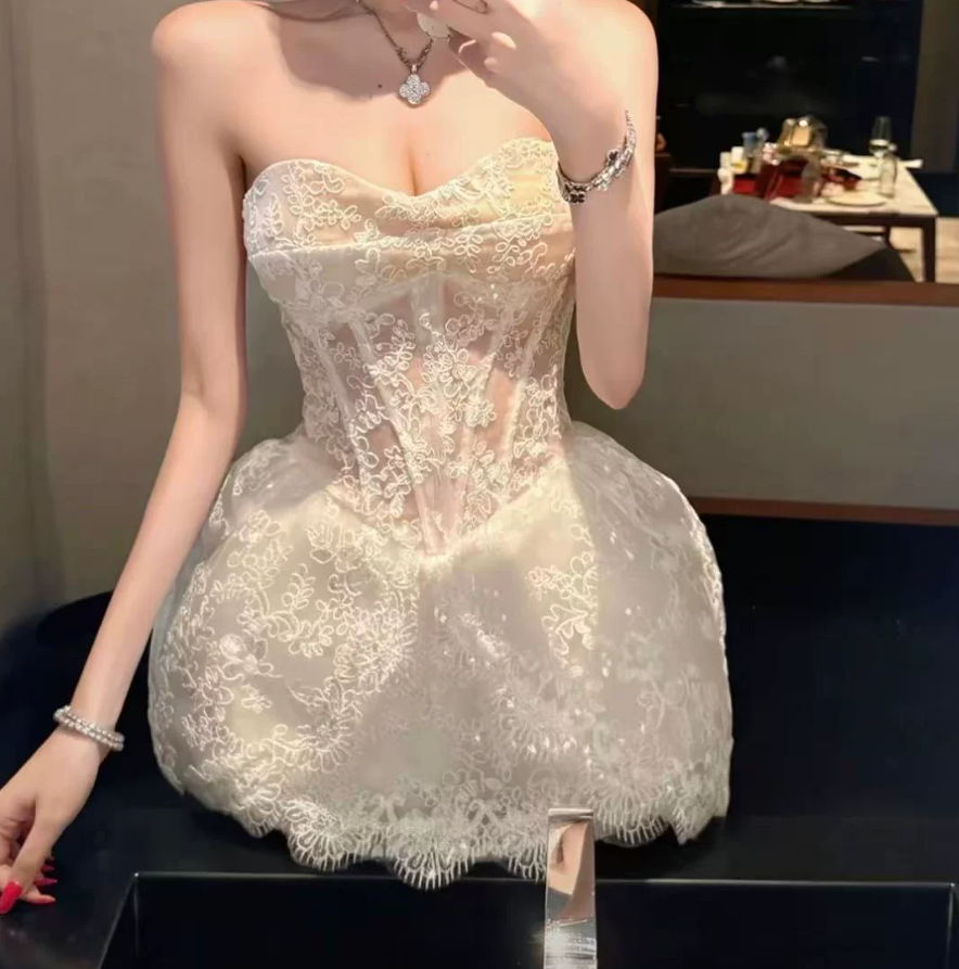 Sleek Strapless White Homecoming Dress Lace A-Line Party Dress C9455