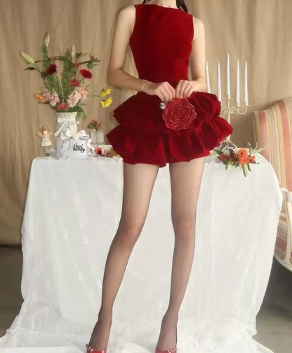 Trendy Boat Collar Homecoming Dress Velvet Tiered A-Line Party Dress C9456